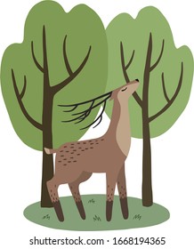 Deer and spring trees. Vector illustration.