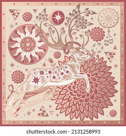 Deer with sprouted antlers in a fantasy forest. Signs, symbols. Dream catcher, sun, stars, tree, flowers. Gold and red on a beige background. Pattern for scarves, pillows. Vector. Vintage.