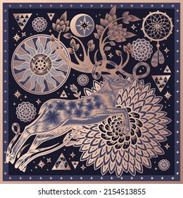 Deer with sprouted antlers in a fantasy forest. Signs, symbols. Dream catcher, sun, stars, tree, flowers. Printed with gold foil on a black background. Pattern for scarves, pillows. Vector. Vintage.