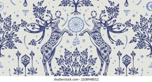 Deer with sprouted antlers in a fantasy garden. Animal seamless pattern. Trees, dream catcher, symbols and signs. Vector illustration. Vintage engraving. Template for wallpaper, paper, textile.