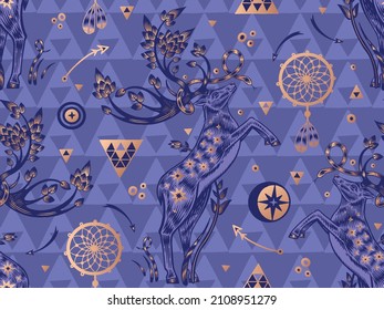 Deer sprouted antlers in fantasy garden. Animal seamless pattern. Trees, dream catcher, symbols, signs. Vector illustration. Vintage engraving. Template for wallpaper, paper, textile. Violet and gold