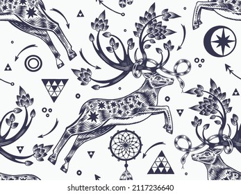 Deer with sprouted antlers in a fantasy garden. Animal seamless pattern. Trees, dream catcher, symbols and signs. Vector. Vintage. Black and white. Template for wallpaper, paper, textile.