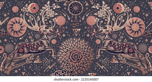 Deer with sprouted antlers in a fantasy garden. Animal seamless pattern. Trees, dream catcher, symbols and signs. Vector. Vintage. Gold print. Template for wallpaper, paper, textile.