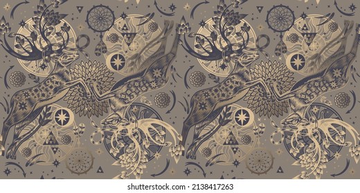 Deer with sprouted antlers in a fantasy garden. Animal seamless pattern. Trees, dream catcher, symbols and signs. Vector. Vintage. Gold print. Template for wallpaper, paper, textile.