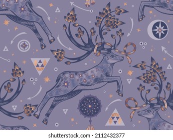 Deer with sprouted antlers in a jump. Animal seamless pattern. Trees, dream catcher, symbols and signs. Vector illustration. Vintage engraving. Template for wallpaper, paper, textile. Purple and gold 