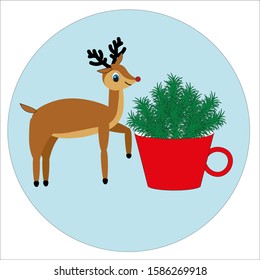 Deer with spruce branches in a red cup in a blue circle Isolated on a white background. Stock vector illustration for decoration and design, postcards, posters, fabrics, web pages and more.