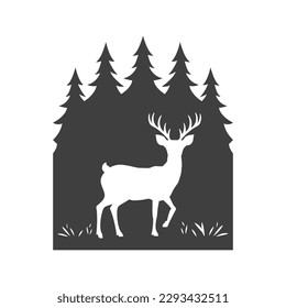 Deer spruce forest camping hunting monochrome vintage logo design vector illustration. Reindeer silhouette woodland fir tree travel exploration adventure expedition hiking zoo nature scenery icon