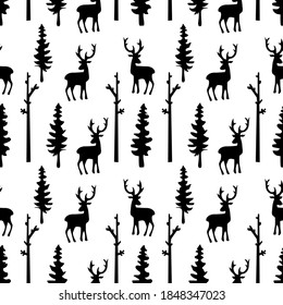 Deer and spruce seamless pattern. Christmas symbols. Great for wrapping paper, scrapbooking, fabric, textile.