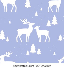 Deer and spruce tree on a blue background. Silhouette of deers. Seamless vector pattern.