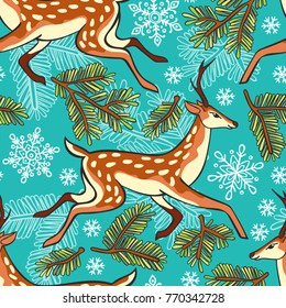 Deer, spruce twigs, snowflakes. Seamless vector pattern (background).