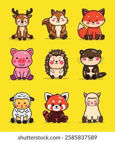 a deer, squirrel, fox, piglet, hedgehog, otter, sheep, red, panda, and llama illustration