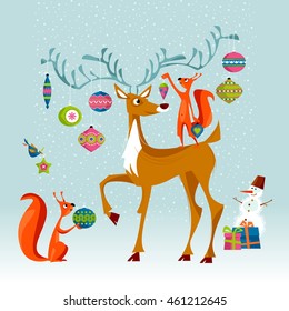 Deer and squirrels with Christmas balls. Vector illustration.