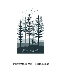 Deer stag buck hart silhouette with pine, evergreen, fir, hemlock, spruce, conifer, cedar tree Forest wildlife logo design vector