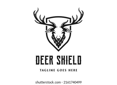 Deer Stag Buck Reindeer Elk Antler Wall and Shield for Protect Hunting Logo Design Vector