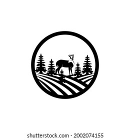 Deer stag buck silhouette with pine, evergreen, fir, hemlock, spruce, conifer, cedar tree Forest farm land field wildlife logo design vector