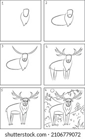 Deer Stag Drawing Instruction And Coloring Book