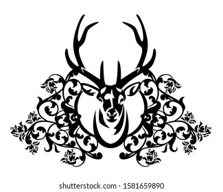 deer stag head among rose flowers - vintage style heraldic crest decor black and white vector design
