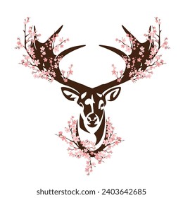 deer stag head with sakura flowers among antlers - wild forest animal spirit decorated with cherry blossom branches vector portrait