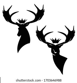 deer stag with large antler horns and royal crown - black and white vector silhouette design set of animal head