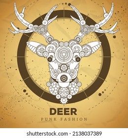 Deer or stag silhouette with gears on old paper texture background. Punk style. Vector illustration