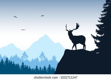 Deer with stags standing at the top of rock with mountains and forest in the background, under the sky with flying birds