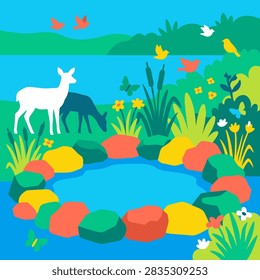 Deer stand and graze by a vibrant pond surrounded by bright stones flowers birds and butterflies in a lush green landscape