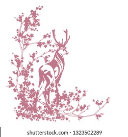 deer standing among bloomin cherry tree branches - spring season vector silhouette design