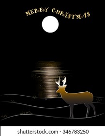 A deer standing by water at night with a large moon reflecting on the water with text 'Merry Christmas'.