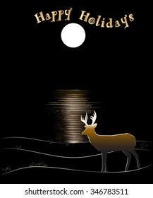 A deer standing by water at night with a large moon reflecting on the water with text 'Happy Holidays'.