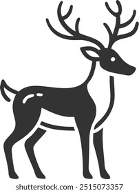 A deer is standing in the foreground of a white background. The deer is the main focus of the image, and it is looking to the right. The image has a simple and clean design