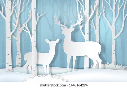 Deer standing in forest. Nature background  paper art style illustration