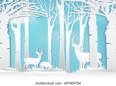 Deer standing in forest. Nature landscape background  paper art style illustration.