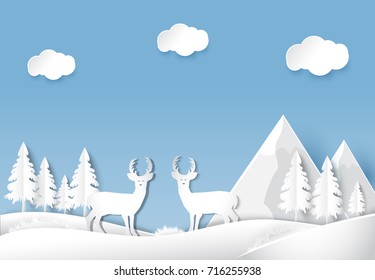 Deer Forest Snow Mountain Paper Art Stock Vector (Royalty Free) 535006645