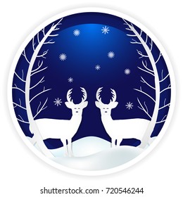 Deer standing in forest with snowflake. Paper art, origami style nature background illustration.