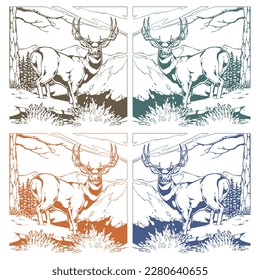 Deer Standing In Forrest Vector Illustration. Hand Drawn Illustration Of Mountain Landscape With Deer
