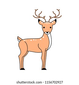 Deer standing and looking to camera, cute symbol style, simple design. brown color.
