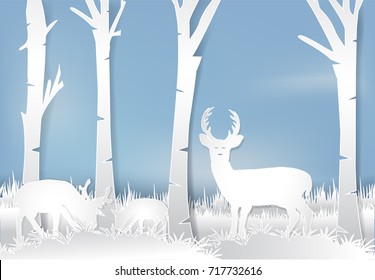 Deer standing in meadow. Nature landscape paper art background  paper cut style illustration.