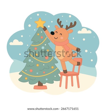 Deer standing on a chair and decorating a Christmas tree. Simple flat doodle style, winter mood
