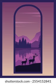 Deer standing on the hill in night valley. Christmas winter celebration illustration