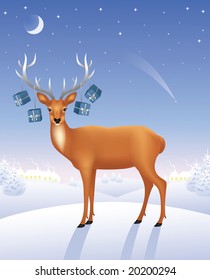 Deer standing on a hill. Presents hanging on the antlers.