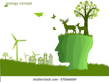 Deer standing on human head,windmill and solar panels on the grass ,Environmentally friendly world. Vector illustration of ecology,concept human  protect the environment and The earth