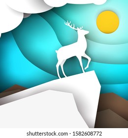 Deer standing on mountain in paper cut trendy craft cartoon style. Minimalistic creative modern design for advertising, branding background greeting card, cover, poster, banner. Vector illustration.