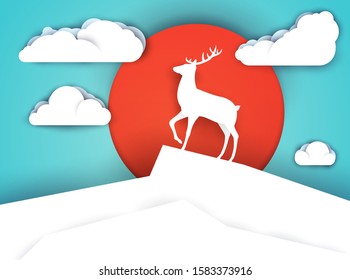 Deer standing on mountain in paper cut trendy craft cartoon style. Minimalistic creative modern design for advertising, branding background greeting card, cover, poster, banner. Vector illustration.