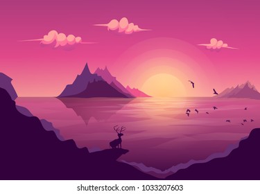 Deer standing on the rock looking at the landscape mountain island sea with sun and cloud along the flock of flying birds.