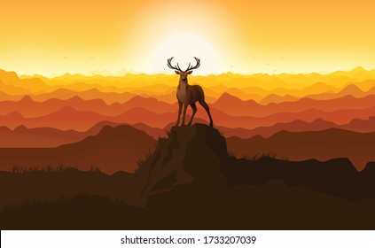 
Deer standing on a stone with mountain  at sunset.silhouette illusratoion