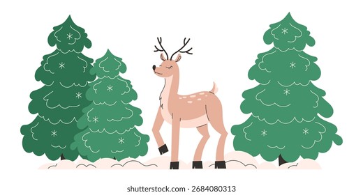 Hirsch im verschneiten Winterwald zwischen Tannen und Schneeflocken für festliche Szene