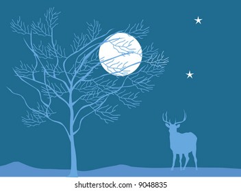 A deer is standing under a tree in moonlight