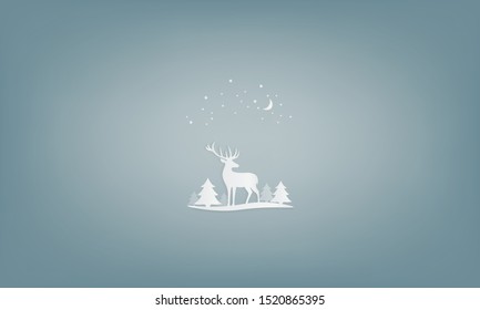Deer standing at a wood, vector christmas background with stars and moon