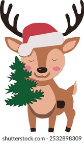 Deer stands with the Christmas tree  drawn in engraving style Vector illustration.

