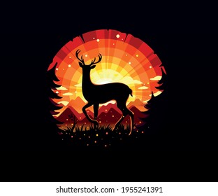 A deer stands in a clearing and watches a beautiful sunset.